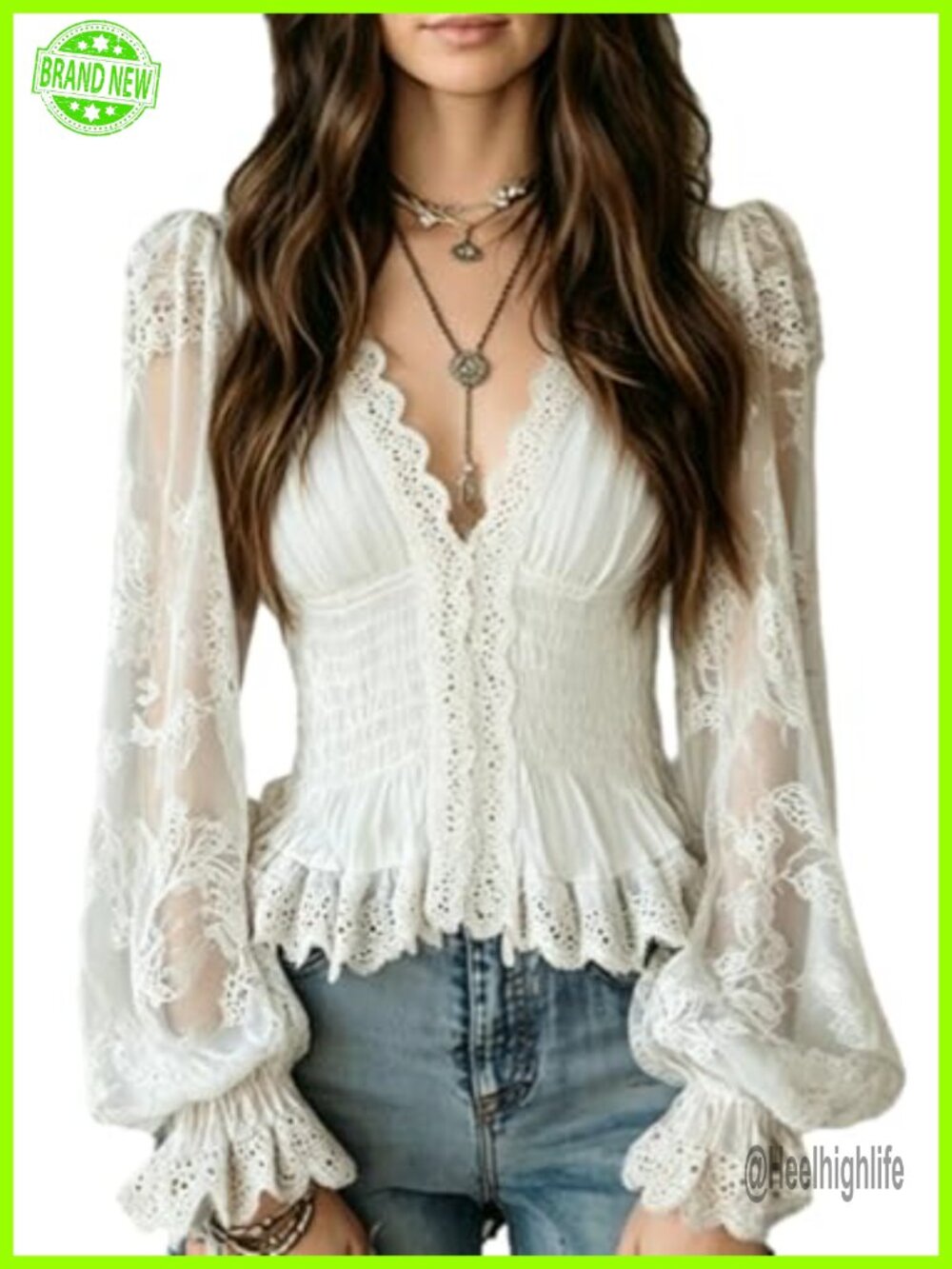 Lace Tops for Women V Neck Long Sleeve Elegant Blouse